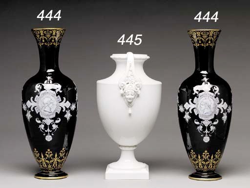 A PAIR OF RÖRSTRAND ENAMELLED BLACK-GROUND BALUSTER VASES