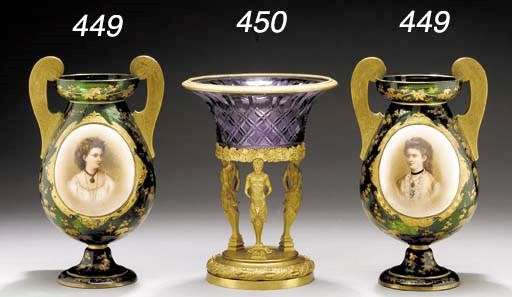 A PAIR OF BOHEMIAN EMERALD-GREEN GLASS PORTRAIT VASES