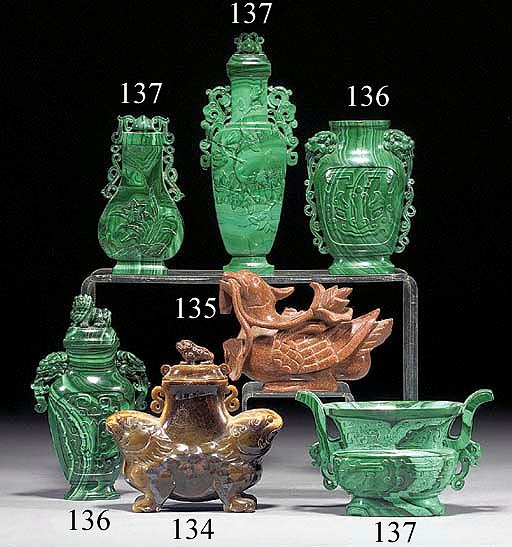 A quantity of Chinese malachite and other hardstone carvings
20th century