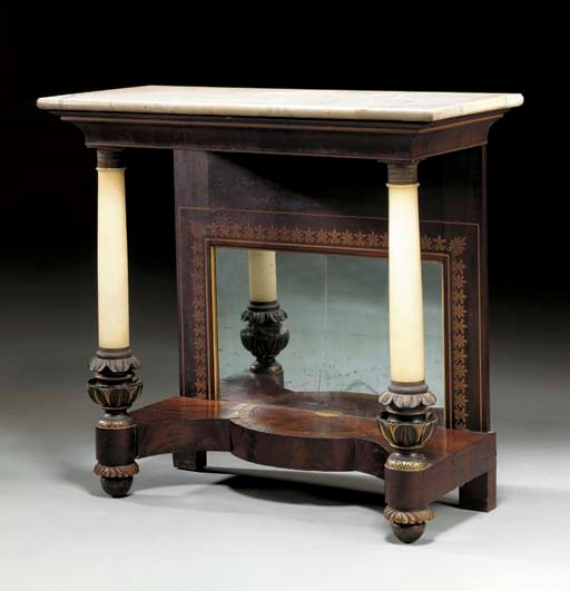 A CLASSICAL INLAID, STENCILLED, GILT AND MARBLE TOP PIER TABLE