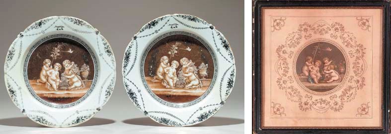 A PAIR OF GRISAILLE AND CRESTED PLATES AND AN ENGRAVING