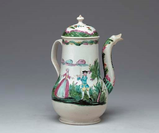 A STAFFORDSHIRE SALTGLAZE CHOCOLATE POT AND COVER