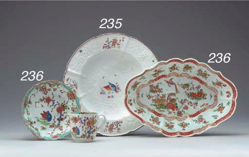 A WORCESTER KAKIEMON LOZENGE-SHAPE DISH AND FLUTED CUP AND SAUCER