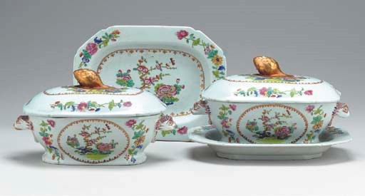 TWO SPODE STONE CHINA OVAL SAUCE TUREENS, COVERS AND STANDS