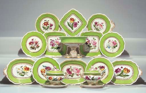 A COALPORT APPLE-GREEN GROUND BOTANICAL PART DESSERT SERVICE