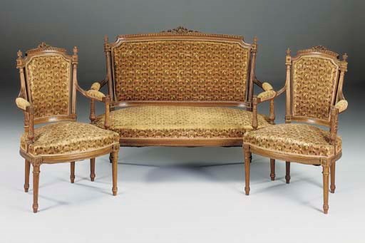 A French walnut three piece suite, late 19th/early 20th century