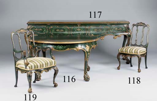 A green painted and parcel-gilt circular extending dining table, early 20th century