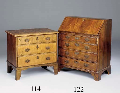 A walnut bureau, possibly Anglo-Dutch, early 18th century and later