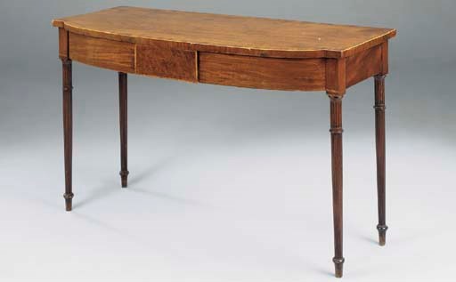 A MAHOGANY, CROSSBANDED AND INLAID BOWFRONT SERVING TABLE, EARLY 19TH CENTURY