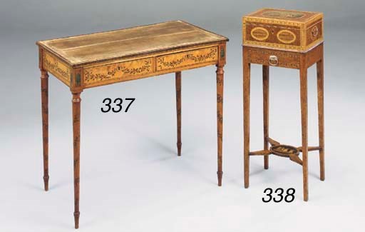 A GEORGE III YEWWOOD PARQUETRY AND DECORATED WORK BOX ON STAND