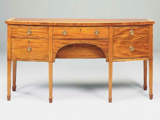 A GEORGE III MAHOGANY AND INLAID BOWFRONT SIDEBOARD