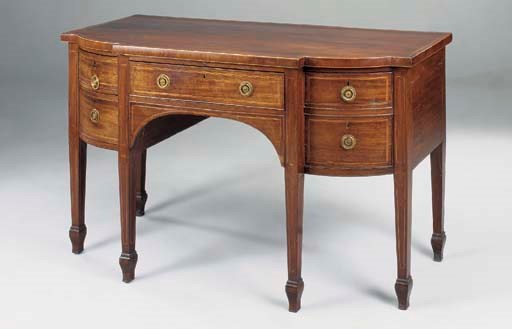 A MAHOGANY, TULIPWOOD, CROSSBANDED AND INLAID BOWFRONT SIDEBOARD, EARLY 19TH CENTURY