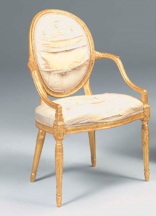 A GEORGE III LATER GILT ARMCHAIR, in the Adam style