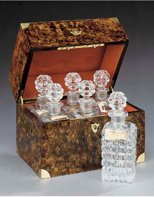 A French brass bound burr ash decanter box, mid 19th century