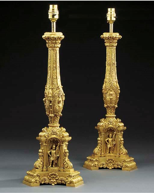 A pair of French gilt metal table lamp bases, 19th century