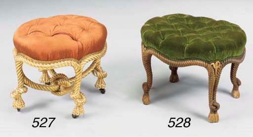 A WALNUT AND PARCEL GILT TABOURET STOOL, after the model by A.M.E Fournier