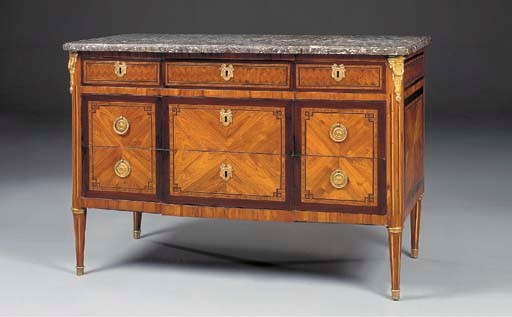 A CONTINENTAL ORMOLU MOUNTED PARQUETRY COMMODE, IN THE LOUIS XVI STYLE, CIRCA 1850