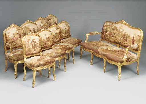 A FRENCH GILTWOOD AUBUSSON UPHOLSTERED SALON SUITE, 19TH CENTURY, in the Louis XV style
