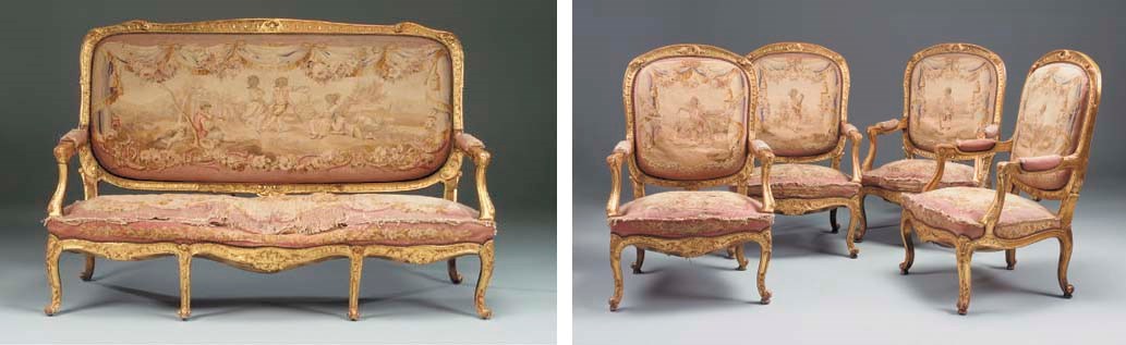 AN ITALIAN CARVED GILTWOOD AUBUSSON TAPESTRY UPHOLSTERED SUITE COMPRISING A SOFA AND SET OF FOUR OPEN ARMCHAIRS, LATE 19TH CENTURY, in the Louis XV style