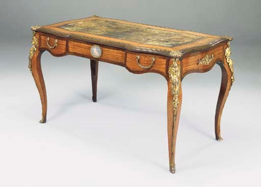 A FRENCH STYLE ORMOLU MOUNTED SATINWOOD AND AMARANTH BUREAU PLAT, 19TH CENTURY