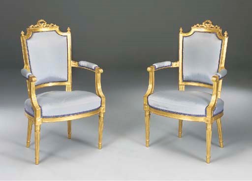 A PAIR OF FRENCH GILTWOOD FAUTEUILS, 19TH CENTURY, in the Louis XVI style