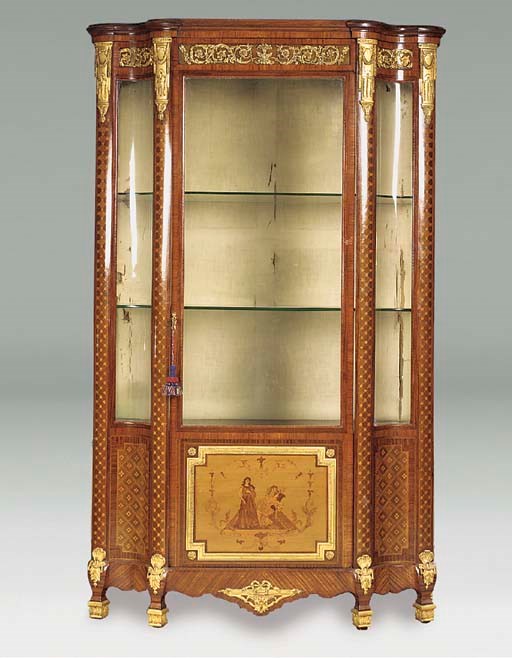 A KINGWOOD, MARQUETRY AND PARQUETRY AND ORMOLU MOUNTED VITRINE, LATE 19TH CENTURY