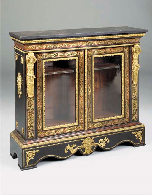 A FRENCH EBONISED SCARLET TORTOISESHELL AND ORMOLU MOUNTED SIDE CABINET, 19TH CENTURY