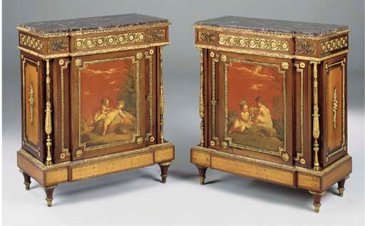 A PAIR OF FRENCH PURPLEWOOD SATINWOOD INLAID AND ORMOLU MOUNTED VERNIS MARTIN STYLE DECORATED MEUBLES D'APPUI, 19TH CENTURY in the Louis XVI style, in the manner of Weisweiler