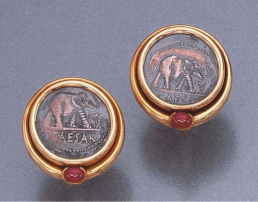 A PAIR OF 14K GOLD AND RUBY EAR CLIPS, BY BULGARI