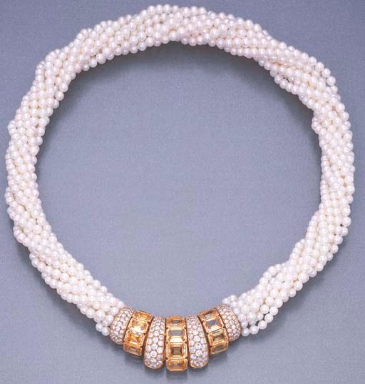 A SET OF CULTURED PEARL, DIAMOND AND YELLOW SAPPHIRE JEWELLERY