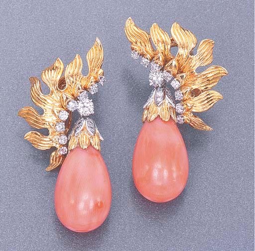 A PAIR OF CORAL, DIAMOND AND GOLD EAR PENDANTS, BY HARRY WINSTON