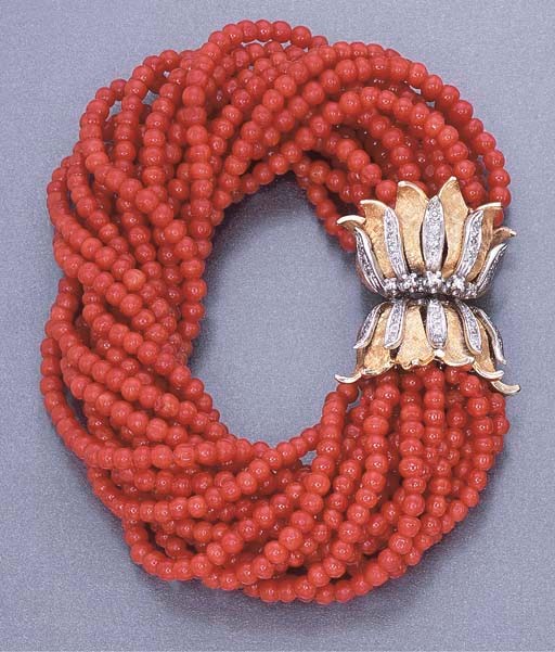 A CORAL AND DIAMOND BRACELET