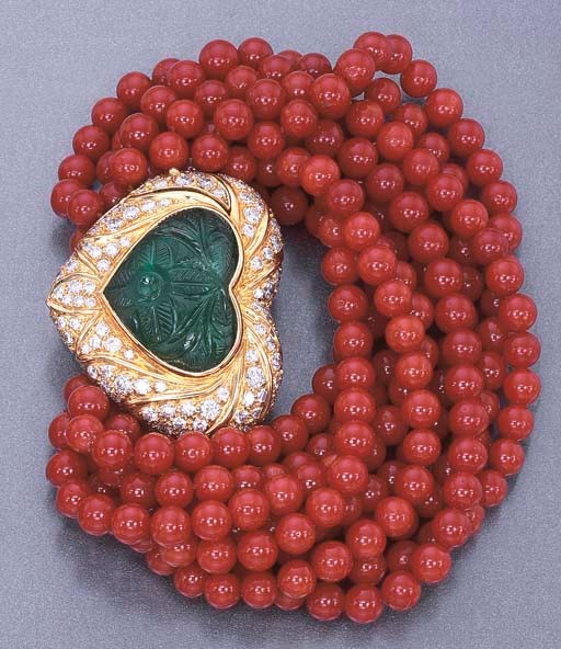 A CORAL, DIAMOND AND EMERALD BRACELET