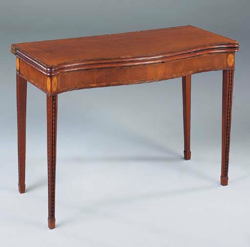 A MAHOGANY ROSEWOOD CROSSBANDED AND INLAID SERPENTINE CARD TABLE, 19TH CENTURY AND LATER