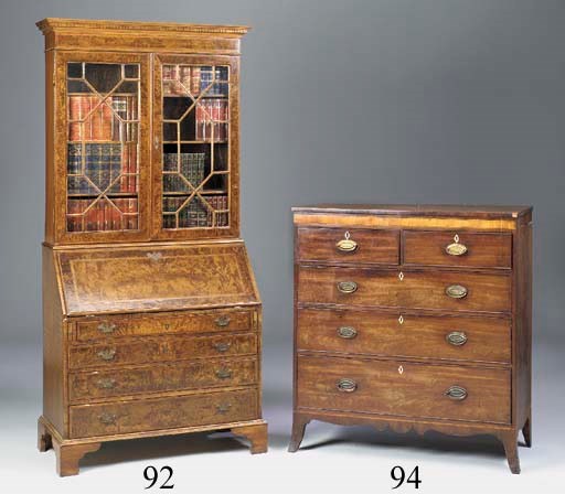 A mahogany, burr walnut and feather banded bureau bookcase, early 20th century