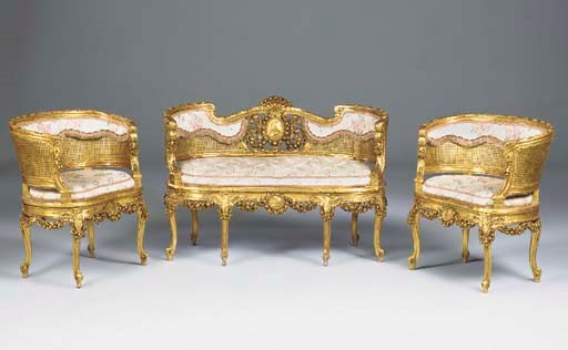 A caned giltwood salon suite, late 19th early 20th century