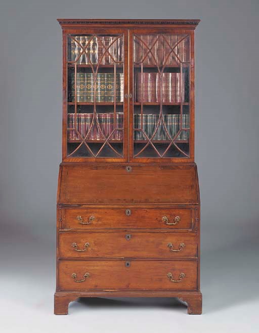 A MAHOGANY BUREAU BOOKCASE, THE BASE GEORGE III, THE UPPER SECTION LATER