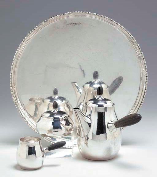 A DANISH SILVER THREE-PIECE DEMITASSE SERVICE ON TRAY,