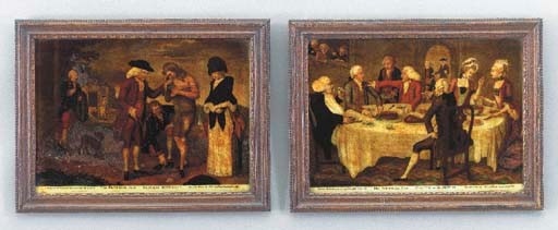A PAIR OF GEORGE III COLORED MEZZOTINTS UNDER GLASS,