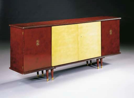 AN INLAID, LACQUERED AND PARCHMENT VENEERED BUFFET,