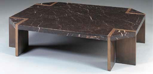 A MARBLE AND BRUSHED STEEL COFFEE TABLE,