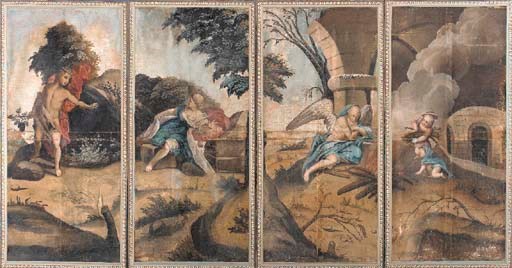 A SET OF FOUR CONTINENTAL PAINTED CANVAS PANELS,