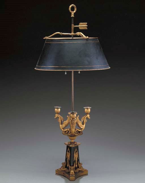 A CHARLES X ORMOLU AND PATINATED-BRONZE THREE-BRANCH BOUILLOTTE LAMP,