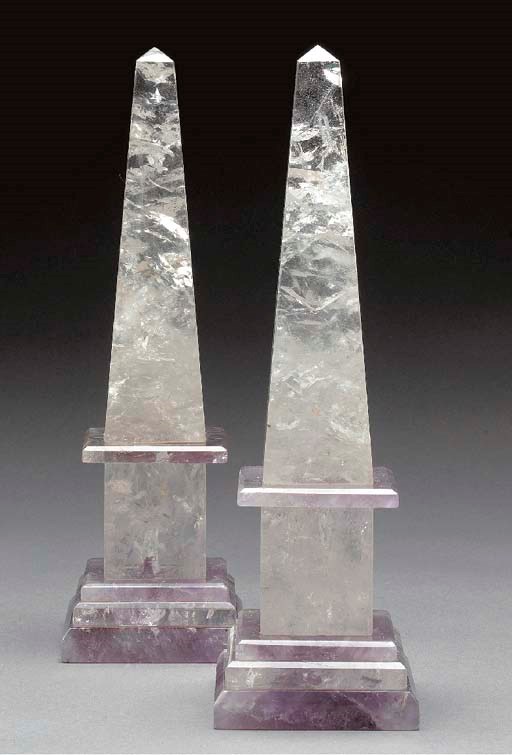 A PAIR OF ROCK CRYSTAL AND AMETHYST OBELISKS,
