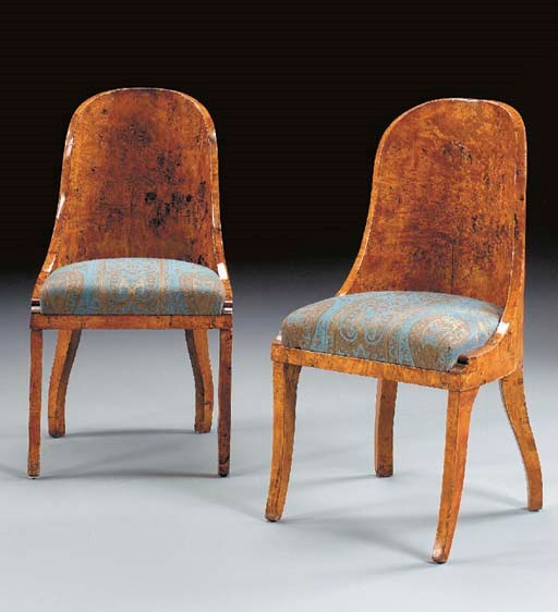 A PAIR OF RUSSIAN KARELIAN BIRCH SIDE CHAIRS,
