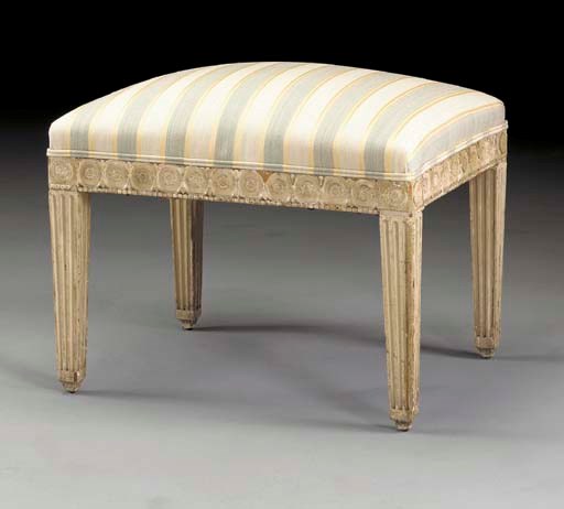 A NORTH-EUROPEAN NEOCLASSIC GREY-PAINTED, WOOD AND COMPOSITION STOOL,