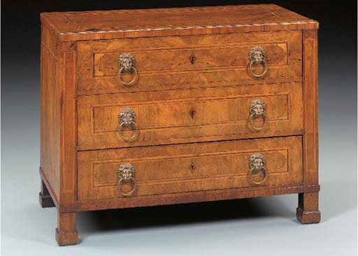 A SOUTH GERMAN NEOCLASSIC BURR WALNUT, WALNUT AND PARQUETRY COMMODE,