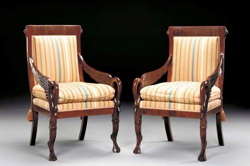 A PAIR OF RUSSIAN NEOCLASSIC MAHOGANY FAUTEUILS,