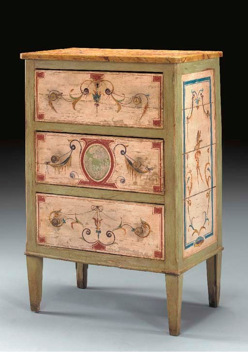 A NORTH ITALIAN NEOCLASSIC STYLE POLYCHROME-PAINTED COMMODINO,