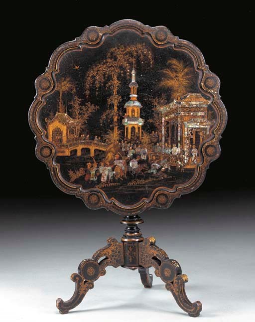 A LOUIS-PHILLIPE MOTHER-OF-PEARL INLAID, GILT AND BLACK-JAPANNED TRIPOD TABLE,